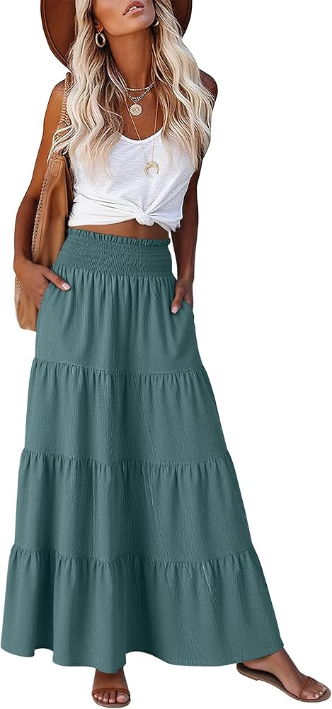 ANRABESS Womens Maxi Skirt Summer Boho Long Flowy Elastic High Waist A-Line Tiered Skirts 2026 Ca... | Amazon (US)