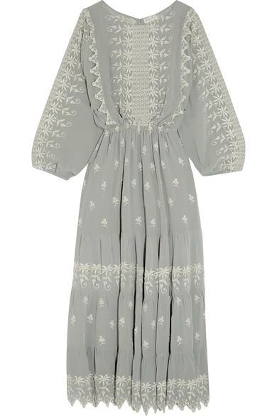 LoveShackFancy - Cecile Embroidered Silk-georgette Maxi Dress - Light gray | NET-A-PORTER (US)