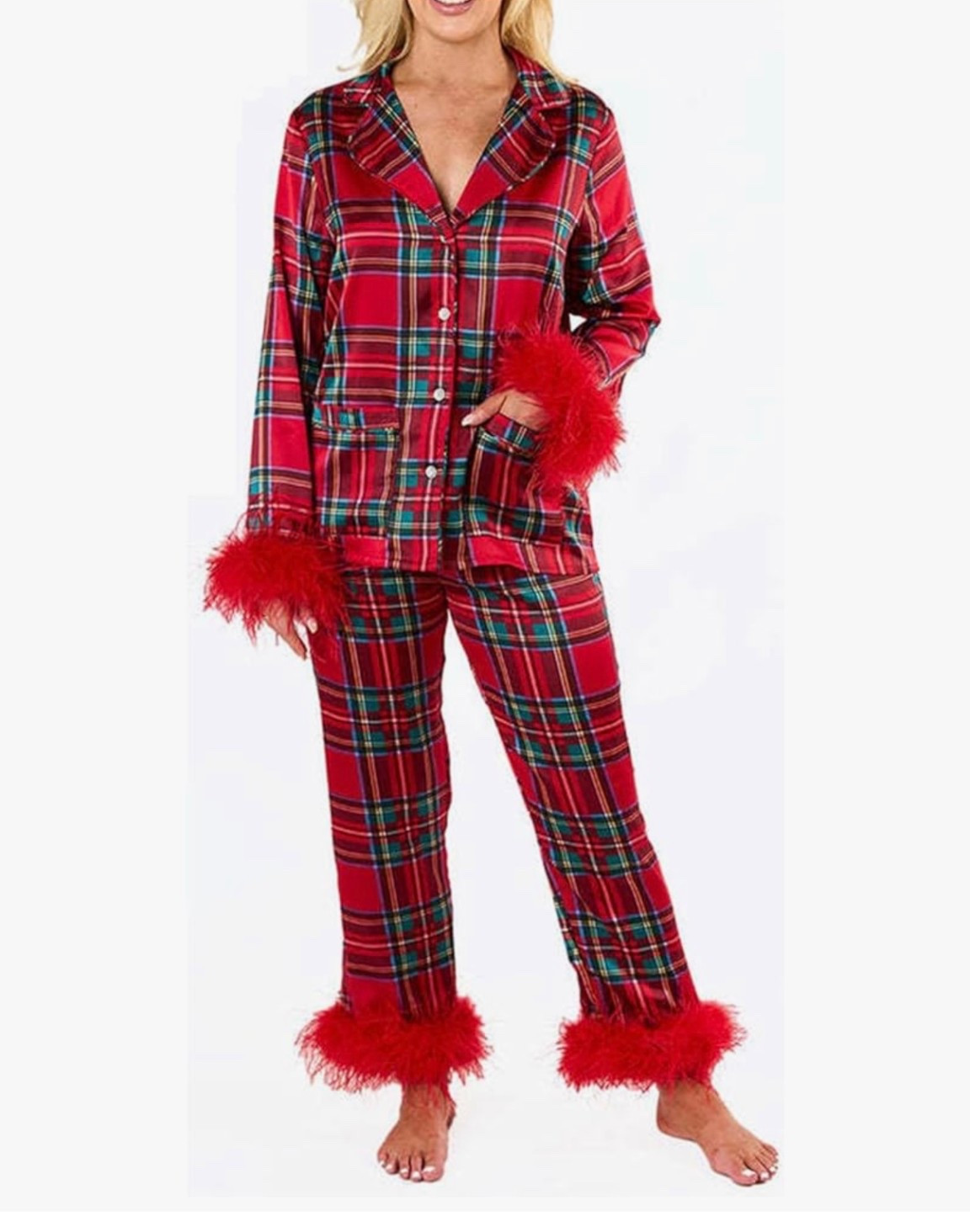 Women’s red Christmas plaid pajamas with red feather fur 

Pjs 

#LTKHoliday #LTKCyberWeek #LTKGiftGuide
