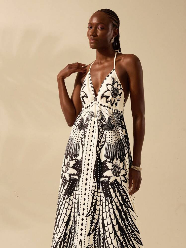 CAJUNI Women Vacation Tropical Boho Print Spaghetti Strap Lace Up Casual Beach Summer Maxi Dress | SHEIN