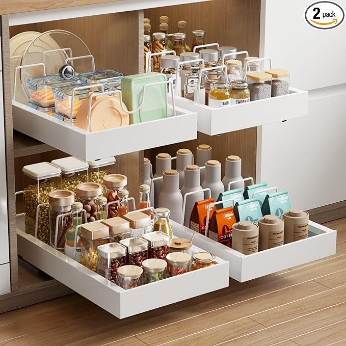 2 Pack Pull Out Cabinet Organizer with 8 Dividers, 21.8" Deep Slide Out Drawer for Cabinets Adhes... | Amazon (US)