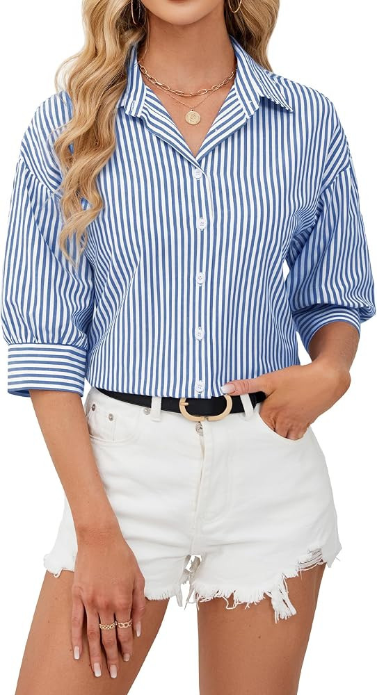 siliteelon Striped Button Down Shirt Women 3/4 Sleeve Collared Dress Shirt | Amazon (US)
