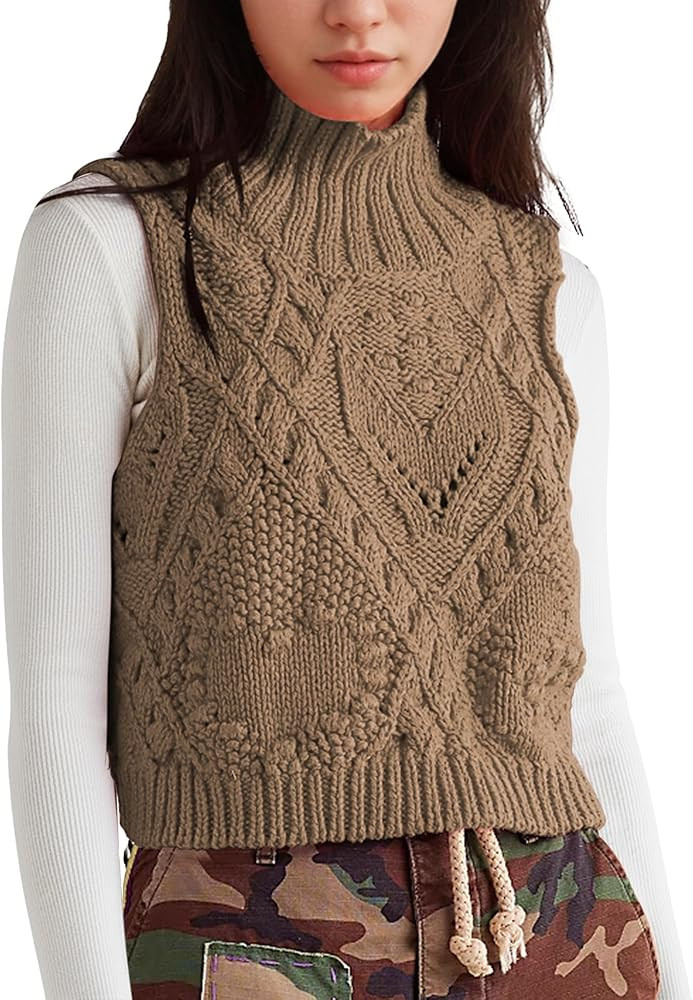 Hixiaohe Turtleneck Crochet Sweater Vest Fall Fashion Knit Sleeveless Tank Tops for Women Lightwe... | Amazon (US)