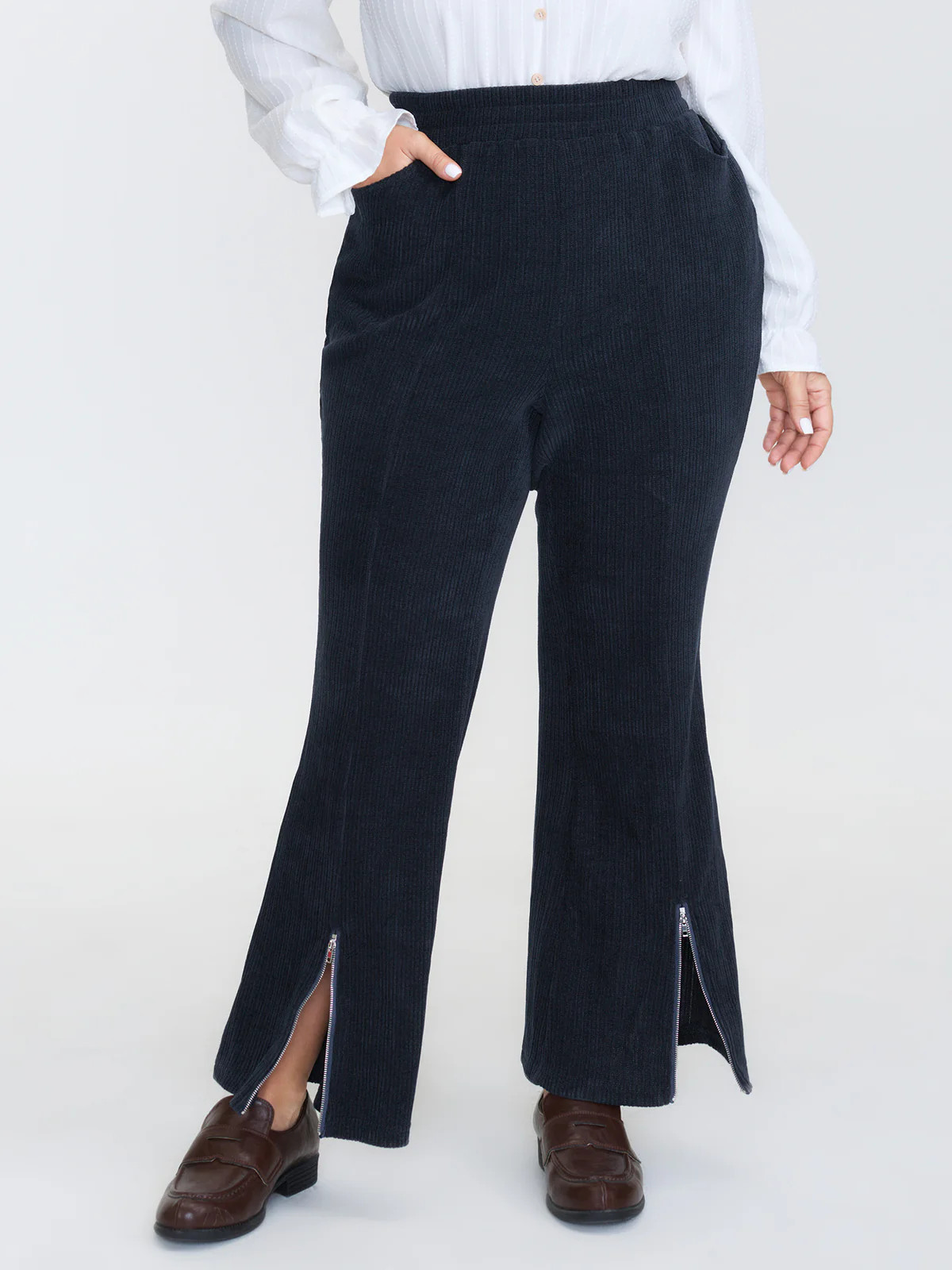 Stretchy Textured Slit Hem Zipper Detail Pants | Bloomchic