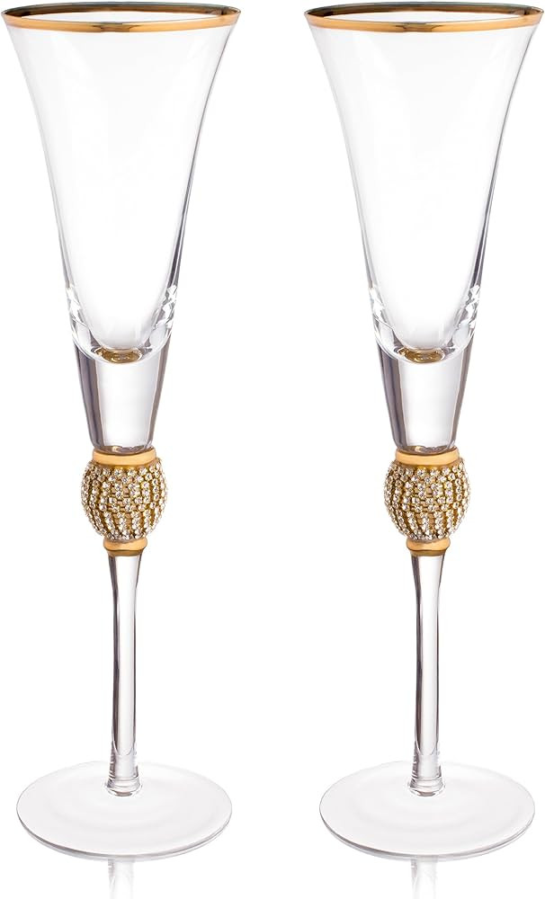 Trinkware Wedding Champagne Flutes - Rhinestone "DIAMOND" Studded Toasting Glasses With Gold Rim ... | Amazon (US)