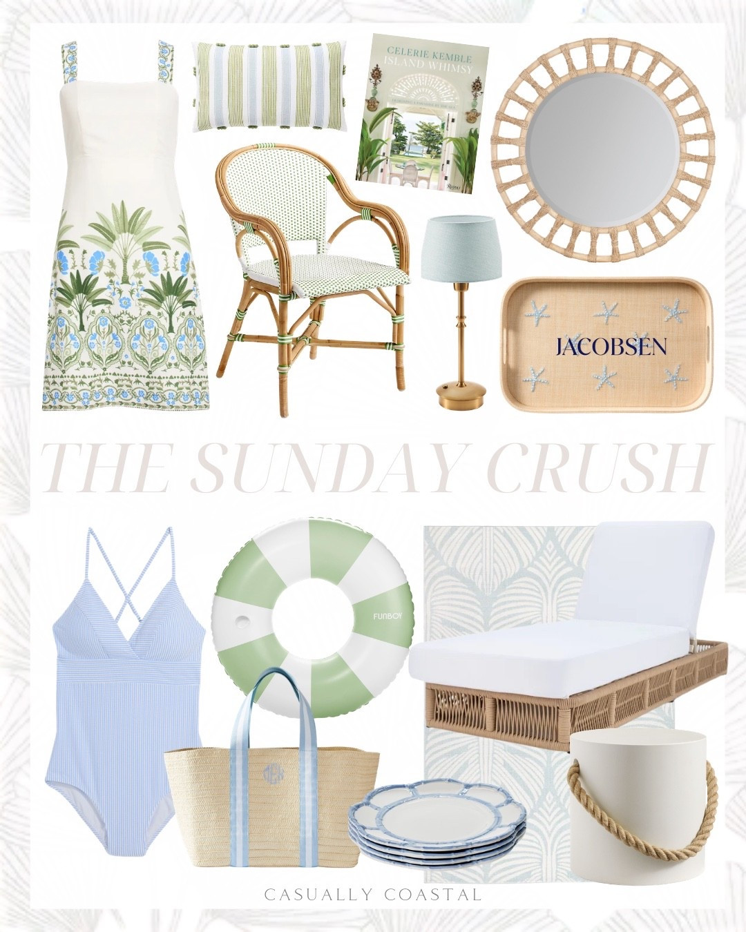 The Sunday Crush! 

Coastal home decor, coastal mirror, coastal dress, coastal swimsuit, coastal lamp, floral mini dress, summer dress, round rattan accent mirror, Amazon mirror, embroidered starfish raffia tray, cordless lamp, rechargeable table lamp, Island Whimsy: Designing a Paradise by the Sea, coastal book, Serena & lily riviera rattan dining chair, coastal armchair, coastal pillow cover, green and blue pillow cover, outdoor chaise lounge, coastal French blue salad plates, vintage green stripe inflatable pool float, Amazon pool float, concrete & rope outdoor side table, coastal side table, round side table, vineyard vines swimsuit, one piece bathing suit, one piece swimsuit, seersucker one piece, oversized ribbon straw beach tote, coastal beach tote, wayfair rug, coastal rug, palm leaves indoor outdoor area rug, blue and ivory rug

#LTKHome #LTKSeasonal