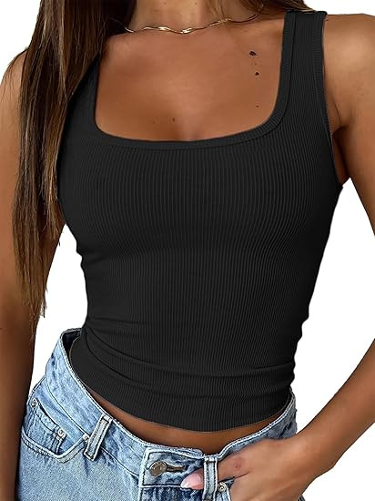 iGENJUN Summer Sleeveless Square Neck Ribbed Strappy Tank Tops Casual Slim Fitted Basic Cropped T... | Amazon (US)
