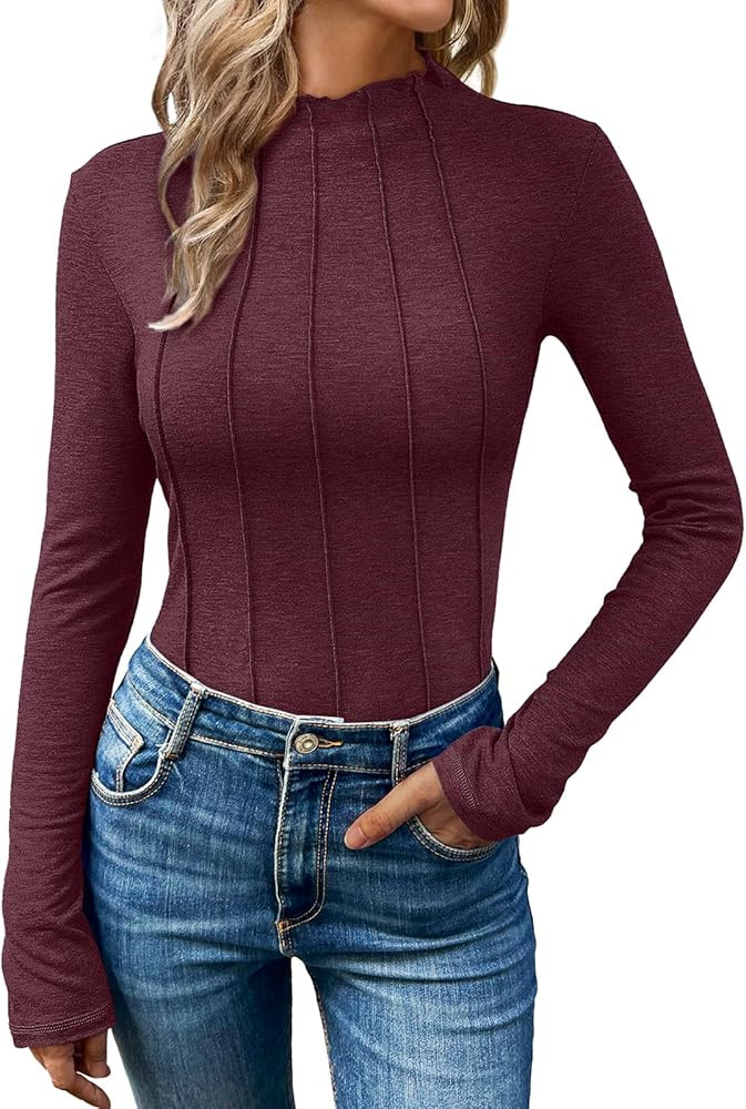 AUTOMET Pleated Long Sleeve Shirts Womens Lettuce Trim Mock Neck Blouses Casual Slim Fit Tops | Amazon (US)