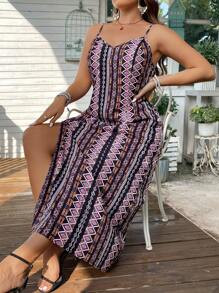 SHEIN VCAY Plus Size Women'S Geometric Print Spaghetti Strap Dress | SHEIN