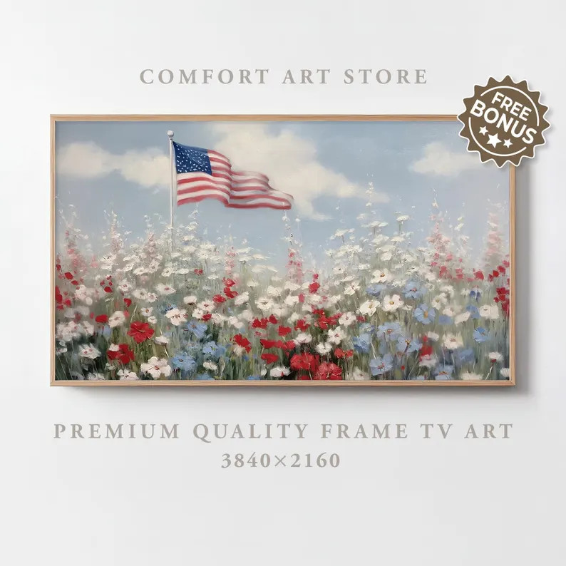 Independence Day Frame TV Art Samsung Frame TV 4th of July Print Vintage American Flag Wildflower... | Etsy (Global)