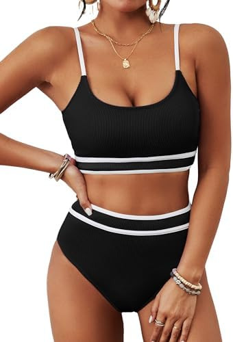 BMJL Women's High Waisted Bikini Ribbed Two Piece Swimsuit High Cut Color Block Adjustable Straps... | Amazon (US)