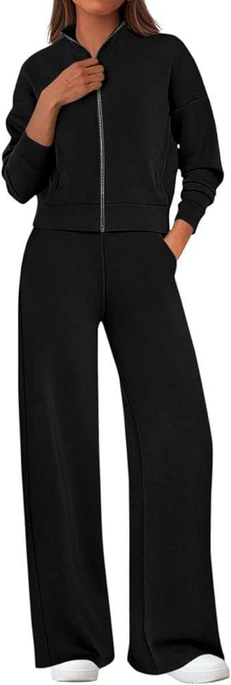 PRETTYGARDEN Women's 2 Piece Outfits Fall Sweatsuits Zip Up Sweatshirt Wide Leg Sweatpants Casual... | Amazon (US)