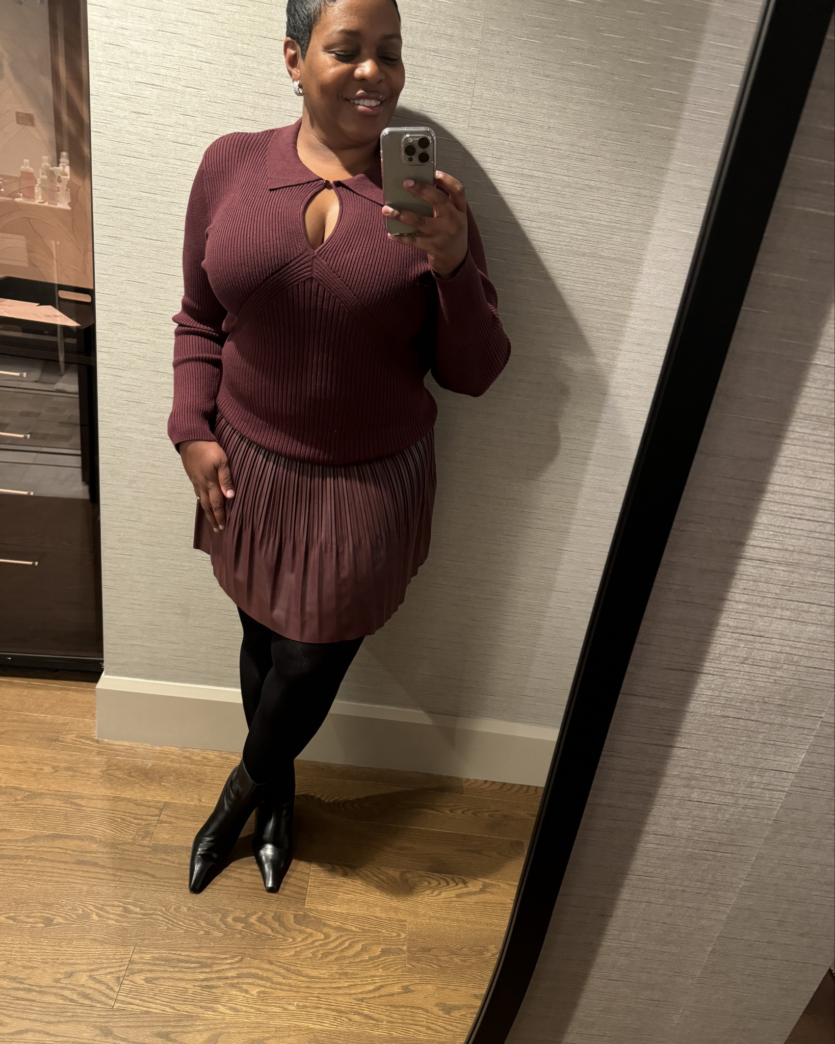 Chic hues of burgundy bring a sophisticated look with a vegan leather skirt and trendy sweater, they’re the perfect pair to take you from the office to cocktails with your girlfriends  

#LTKWorkwear #LTKMidsize #LTKOver40