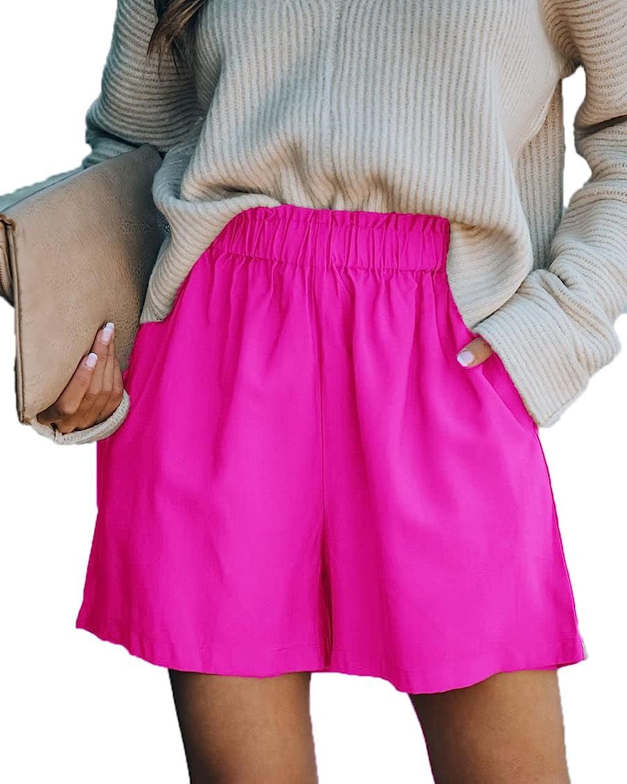 Paintcolors Women's Pockets High Rise Elastic Waist Shorts Casual Ruffle Paper Bag Work Shorts | Amazon (US)