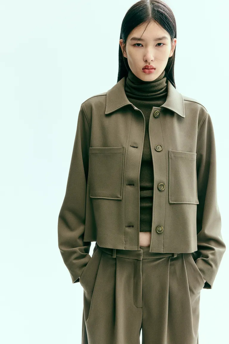 Short jacket - Dark khaki green - Ladies | H&M GB | H&M (UK, MY, IN, SG, PH, TW, HK)