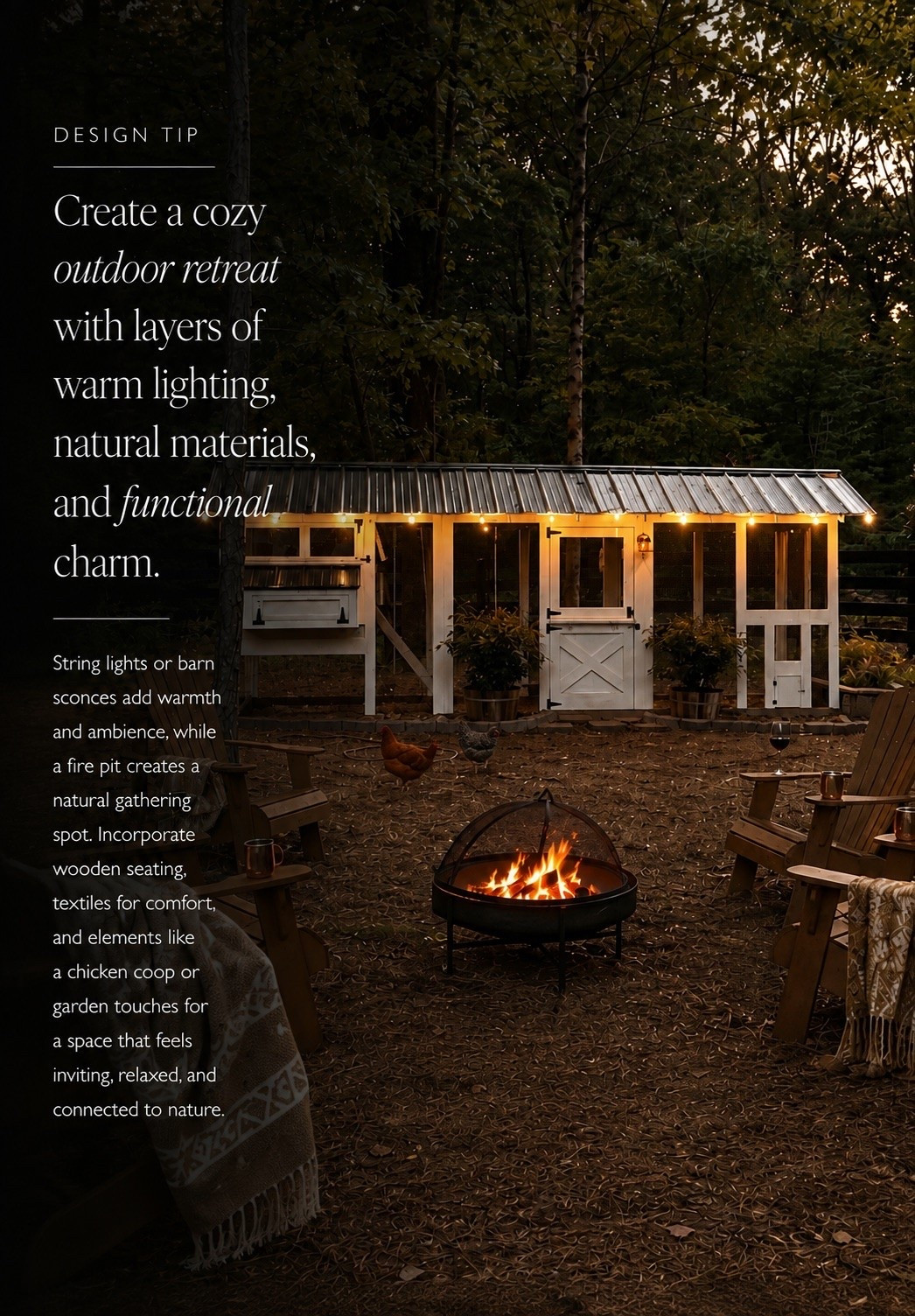 Create an outdoor space that feels just as warm and inviting as the inside of your home 🤎 Layer string lights, wooden seating, cozy textiles, and a fire pit with natural surroundings for a relaxed retreat that’s perfect for gathering and slowing down.

#porcheandco #OutdoorLiving #OutdoorInspo #OutdoorDecor #CozyOutdoorSpace

#LTKHome #LTKvlog