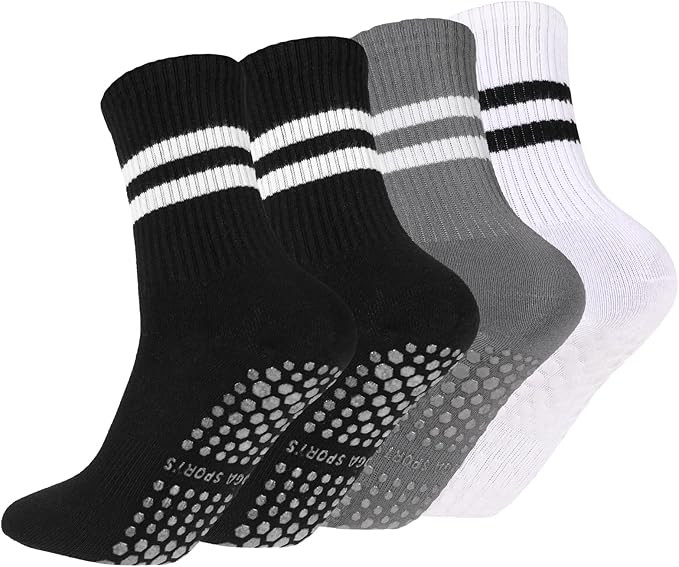 Fanshiontide 4 Pairs Grip Socks, Pilates Socks with Double Stripes, Yoga Socks for Women Non Slip... | Amazon (UK)