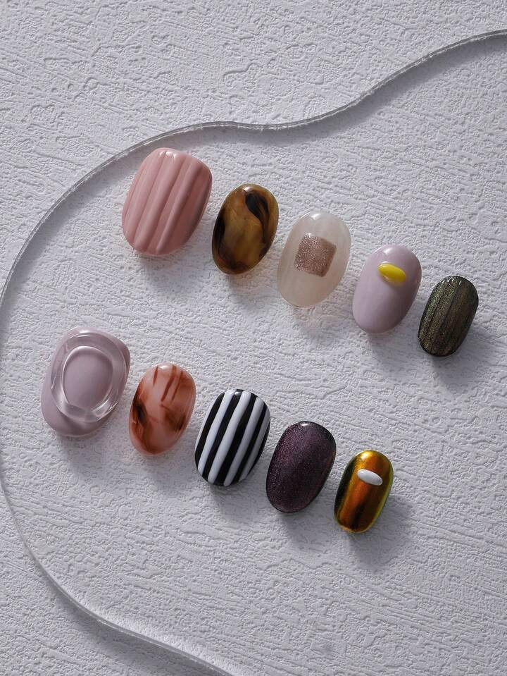 10Pcs Short Round Nail Tips, Hand Painted Gradient Ombre Striped 3D Raised Transparent Donut Desi... | SHEIN