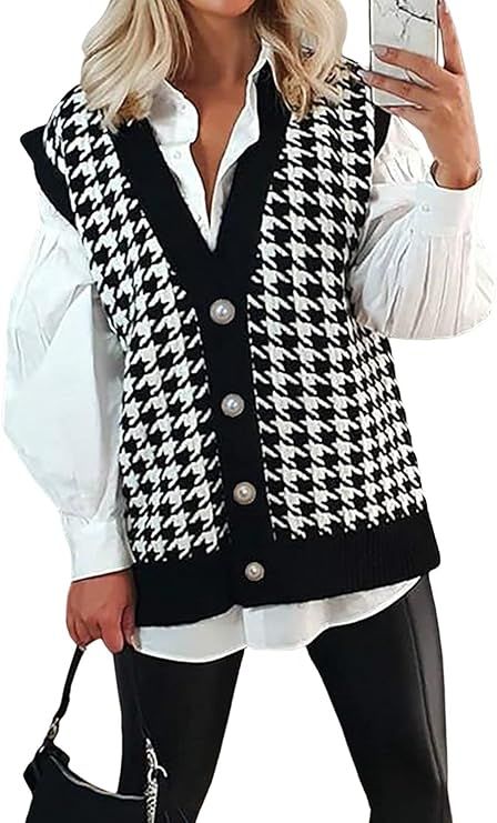 BLENCOT Women V Neck Knit Sweater Vest Argyle Pattern Sleeveless Oversized Checked Teens Knitwear... | Amazon (US)