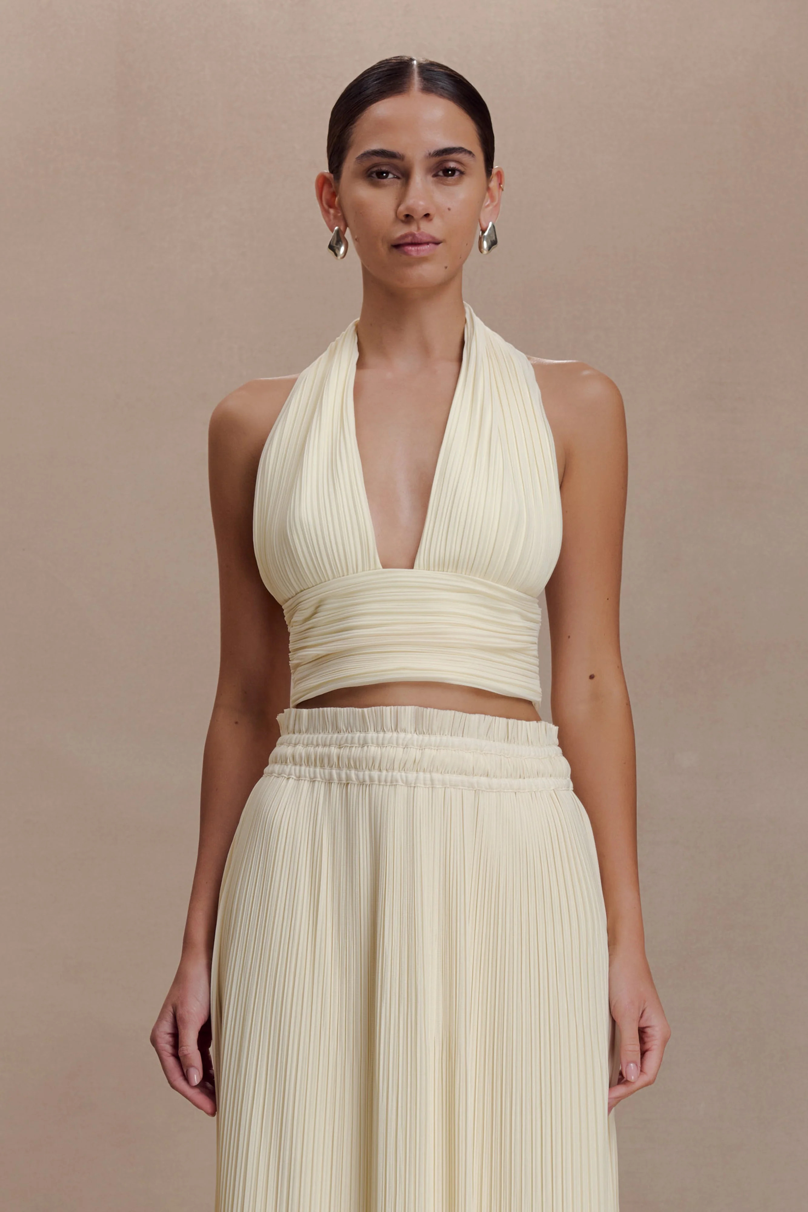 Sleeveless Plisse Halter Top - Lemon | MESHKI US