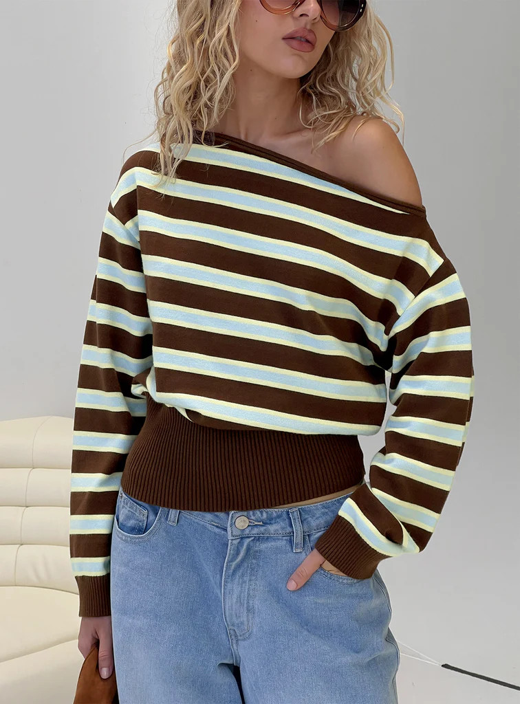Zinia Off Shoulder Knit Sweater Brown / Blue Stripe | Princess Polly US