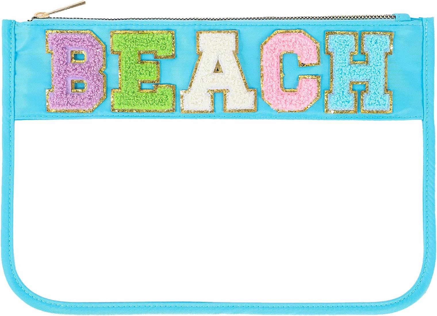 DYSHAYEN Glitter Letter Clear Zipper Pouch for Travel,Nylon Preppy Beach Bag,Makeup Travel Bag fo... | Amazon (US)