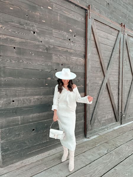 fall outfit idea 
fall outfits, fall fashion, matching set, midi skirt, cowboy boots, lack of color hat, coach tabby bag, neutral outfit 

#LTKstyletip #LTKSeasonal