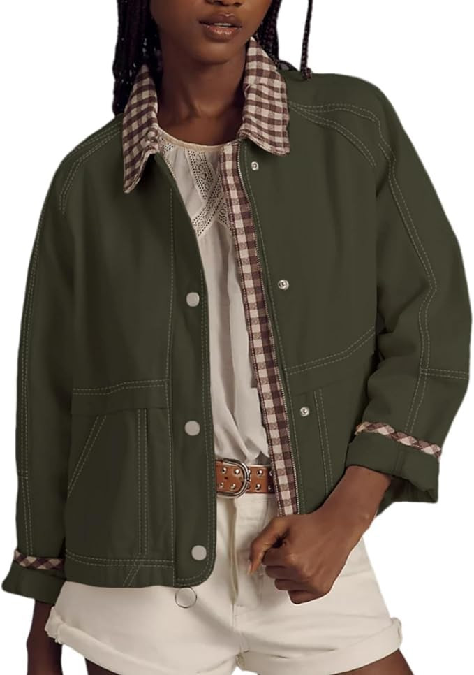 VAOYIU Women Casual Button Front Jacket Loose Plaid Cuffs Collar Trendy Coat with Pockets Spring ... | Amazon (US)