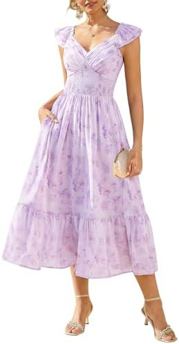GRACE KARIN Women's Summer Floral Maxi Dress 2026 Ruffle Sleeve Smocked Sundress Flowy Wedding Gu... | Amazon (US)