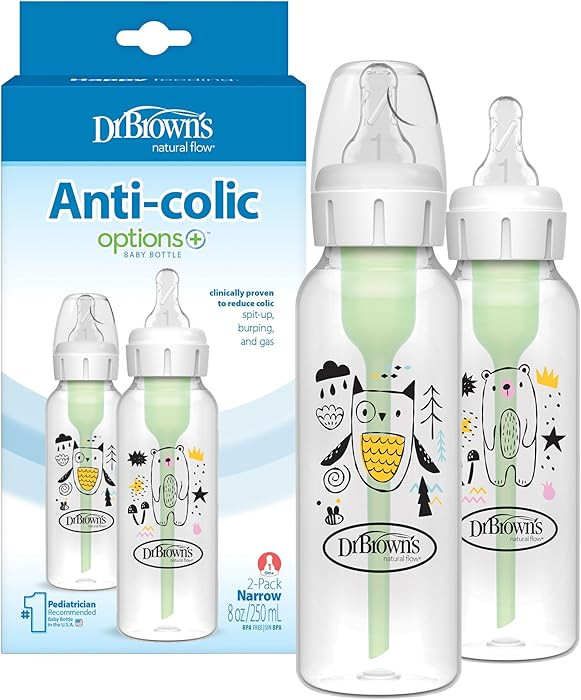 Dr. Brown's Natural Flow Anti-Colic Options+ Narrow Baby Bottle, Bear and Owl, 8 oz/250 mL, with ... | Amazon (US)