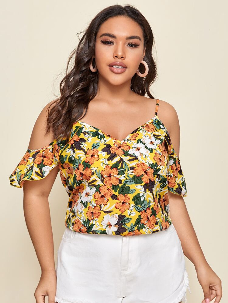 SHEIN Plus Cold Shoulder Floral Top | SHEIN