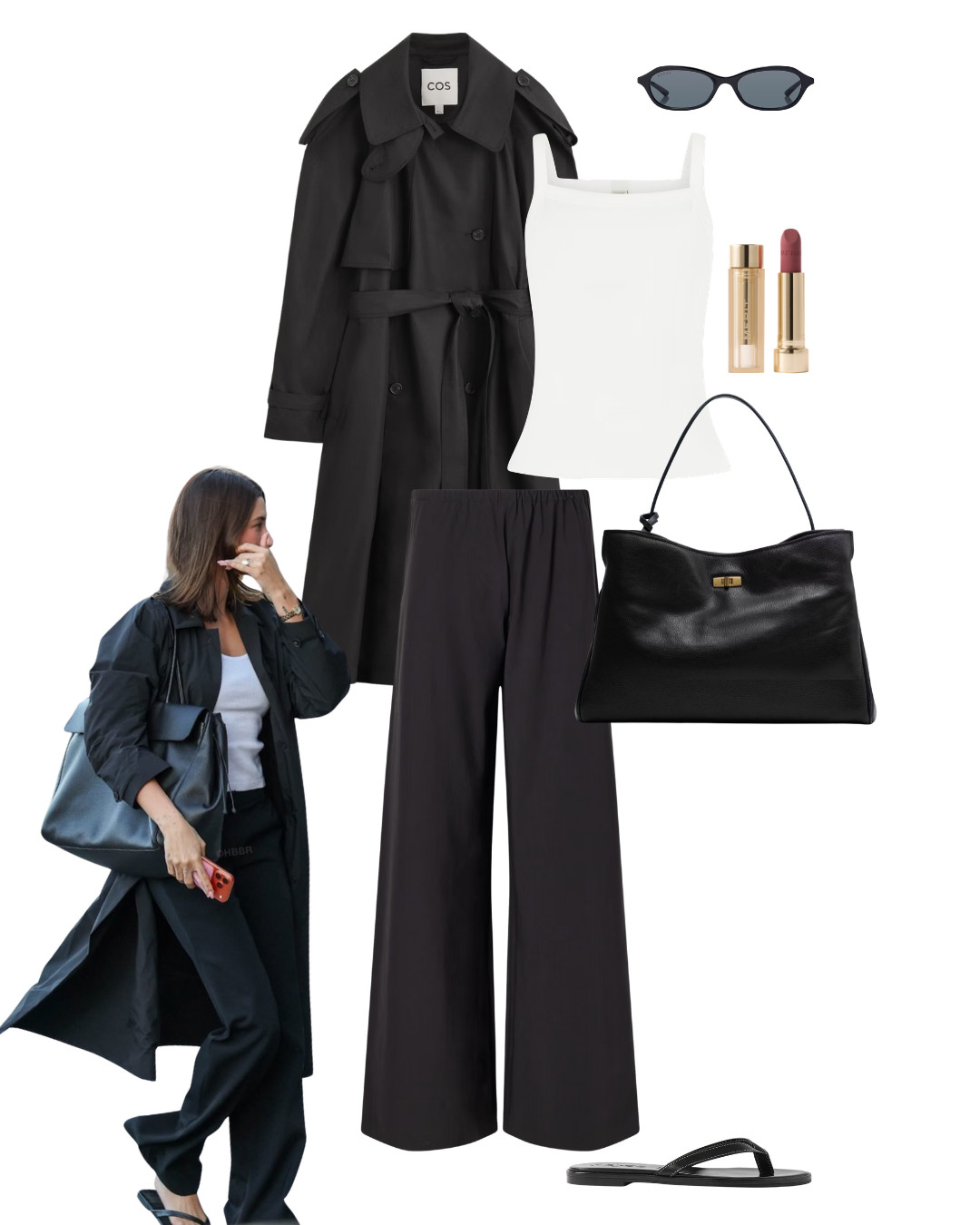 Airport Pants Outfit 

COS black trench coat, belted trench coat, white square neck cami top, black wide leg trousers, black flip flops, black leather handbag, structured top handle bag, black oval sunglasses, bold red lipstick, monochrome outfit, autumn transitional dressing, city outfit, quiet luxury, elevated basics, effortless chic, ltkstyletip, ltkseasonal, ltkfindsunder100, ltkbeauty, outfit inspo, capsule wardrobe essentials

#LTKFashionMonth #LTKtravel #LTKluxury