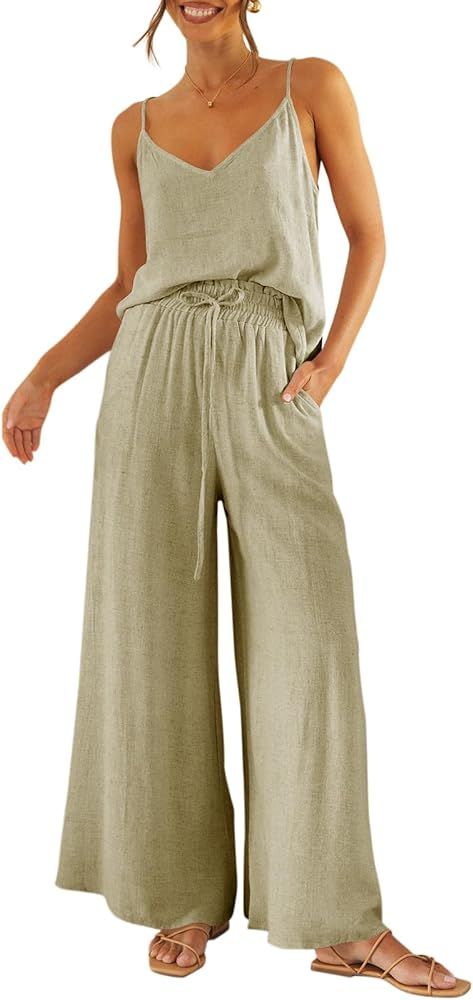 Imily Bela Womens 2 Piece Outfit Set Spaghetti Strap V Neck Cami Top with Wide Leg Pants Casual P... | Amazon (US)