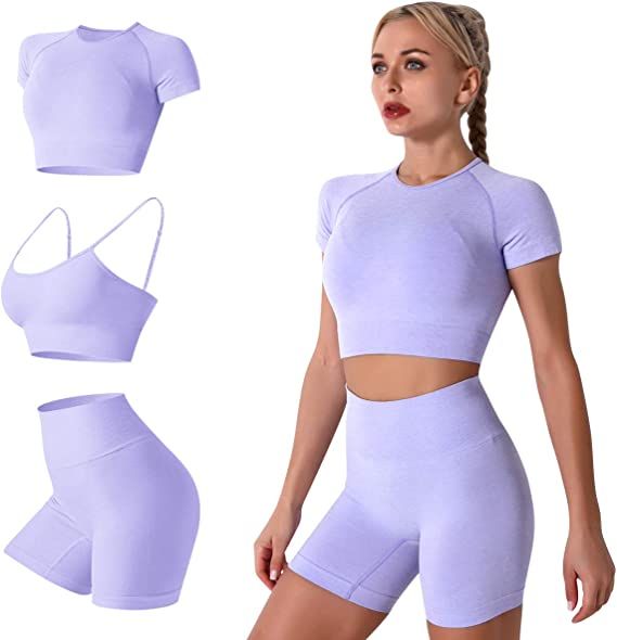 Amazon.com: Women's Seamless Yoga Outfits 3 Pieces Workout Short Sleeve Crop Top + Camisole Tank ... | Amazon (US)
