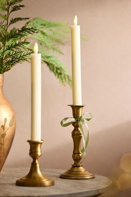 Flameless Ridged Cream Taper Candles, Set of 2 | Terrain