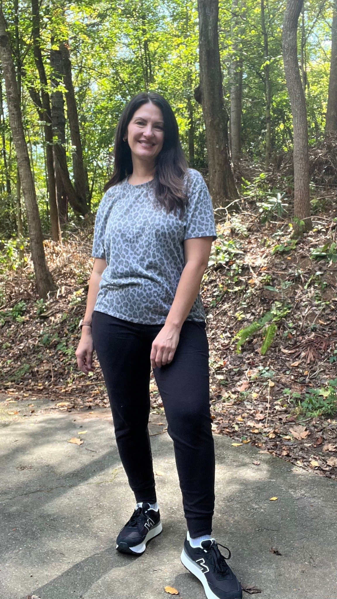 Gray leopard print is such a fun print! 
Black joggers
Platform New Balance sneakers 

#LTKFindsUnder50 #LTKShoeCrush #LTKMidsize