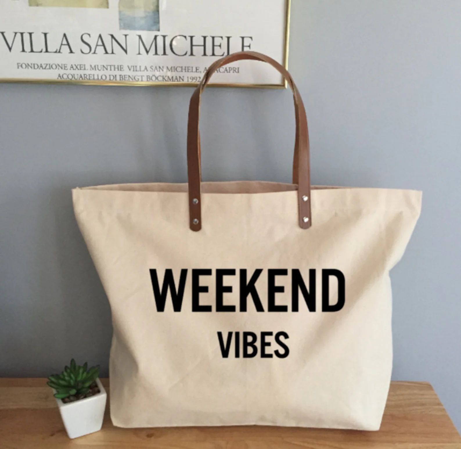 Weekend Vibes Fun Girls Gift Cotton Canvas Tote with Leather | Etsy | Etsy (US)