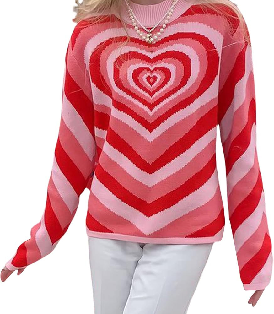 Women's Pullover Sweaters Stylish Heart Printed Crewneck Knit Sweater Tops | Amazon (US)