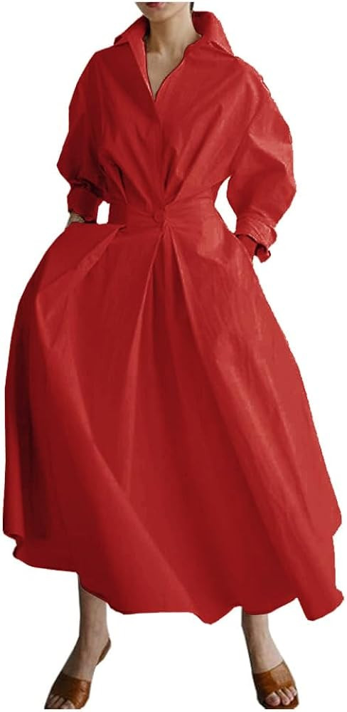 Ladyful Elegant Cotton Shirt Dress for Women A-line Long Sleeve Maxi Dress | Amazon (US)