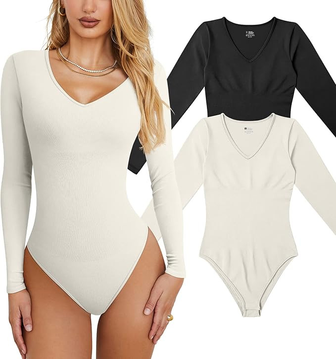 OQQ Women's 2 Piece Bodysuits Sexy Ribbed T Shirt One Piece V Neck Long Sleeve Bodysuits | Amazon (US)
