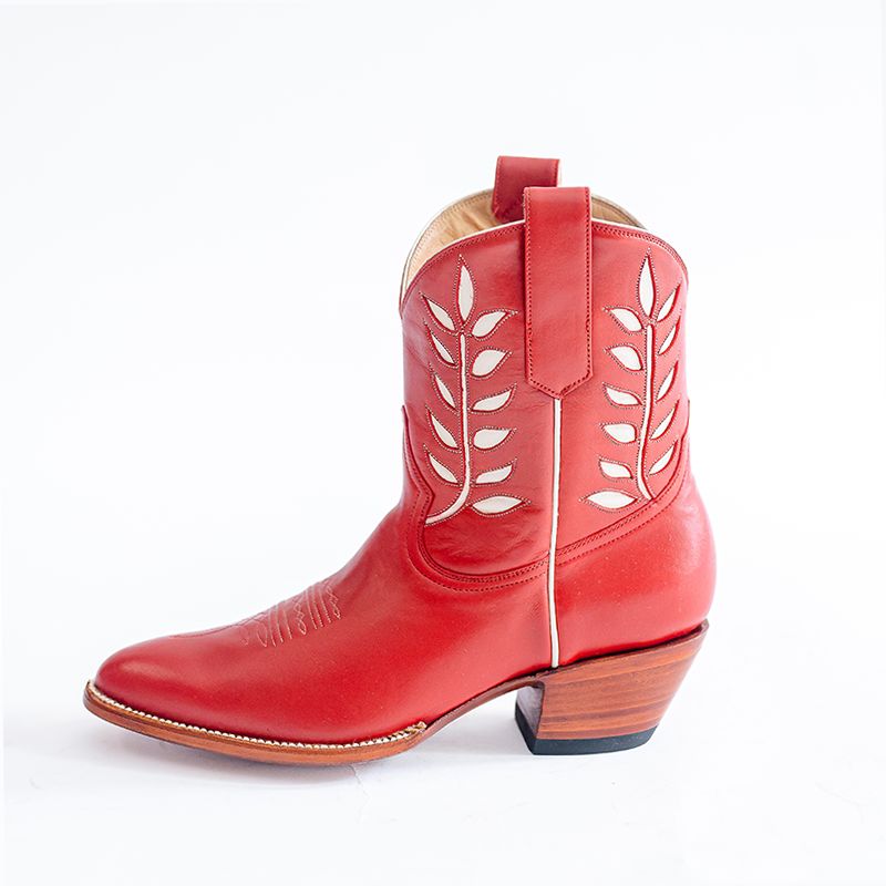 Red Embroidered Booties Pointed Toe Block Heel Cowgirl Boots | FSJshoes