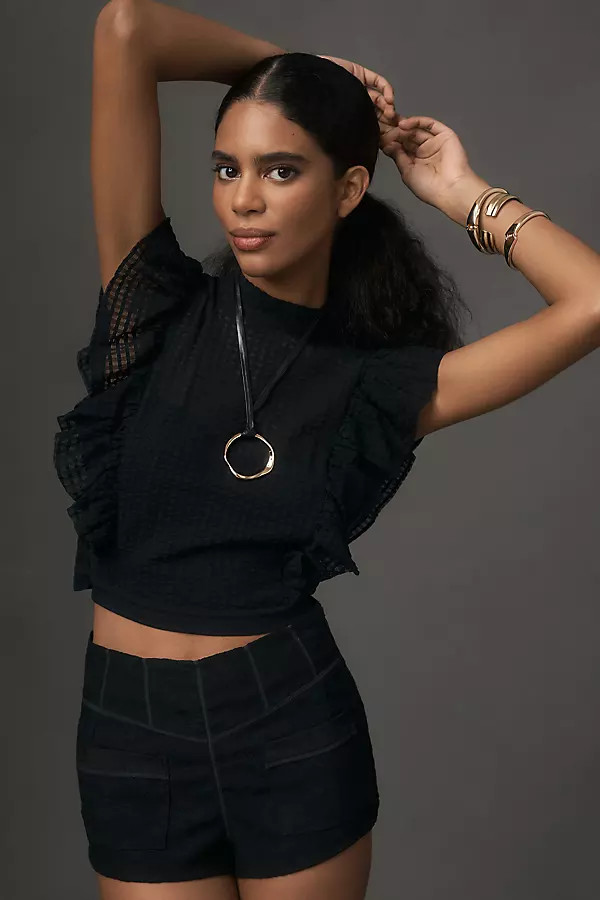 Maeve Cropped Ruffle Mesh Top | Anthropologie (US)