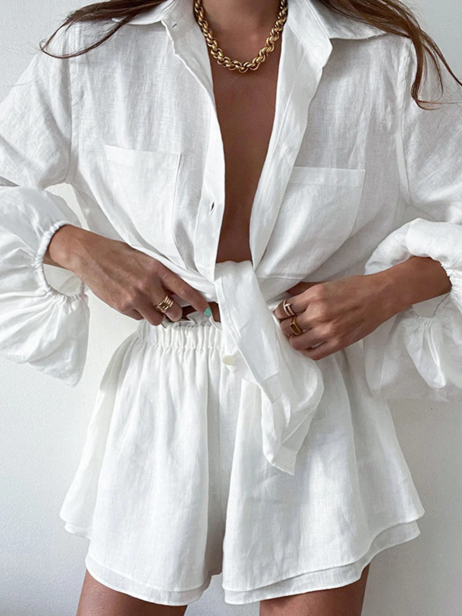 Janice Linen Lantern Sleeve Ruffled Pajamas | Kyria Lingerie