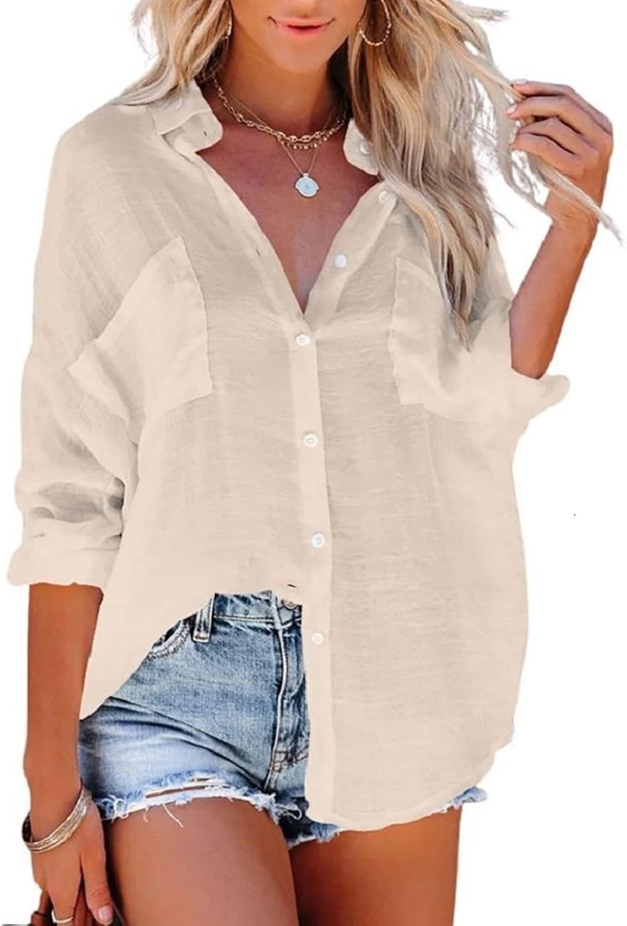 Bsubseach Button Down Shirt Cover Up Bathing Suit Coverups for Women Summer Casual Blouse | Amazon (US)