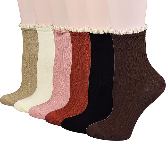 FITU Women's Vintage Dress Socks Ruffle Frilly Cute Rayon Lace Trim Socks 5-6 Pairs Pack in Gift Box | Amazon (US)