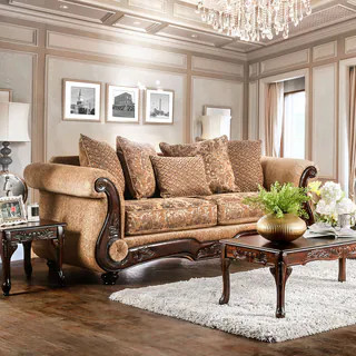 Traditional Tan Chenille Upholstered Rolled Arms Sofa by Furniture of America - Bed Bath & Beyond... | Bed Bath & Beyond