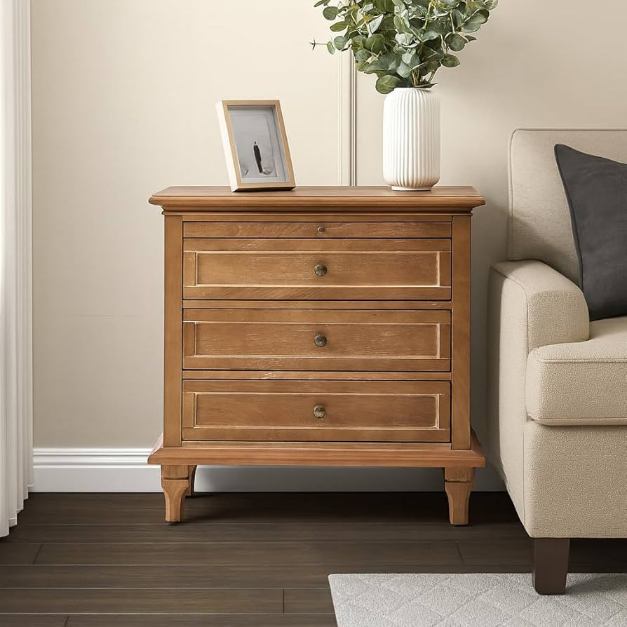 HULALA HOME Farmhouse 3 Drawer End Table with Tray, Drawer Organizer with Solid Wood Legs, End Ta... | Amazon (US)