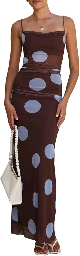 Women Spaghetti Strap Polka Dot Maxi Dress Sexy Sheer Mesh Flowy Sleeveless Long Dress Formal Wed... | Amazon (US)