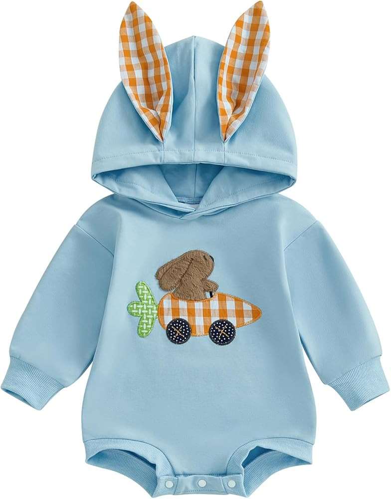 Baby Boy Easter Outfit Bunny Bubble Romper Long Sleeve Hoodie Romper Sweatshirt Newborn First Eas... | Amazon (US)