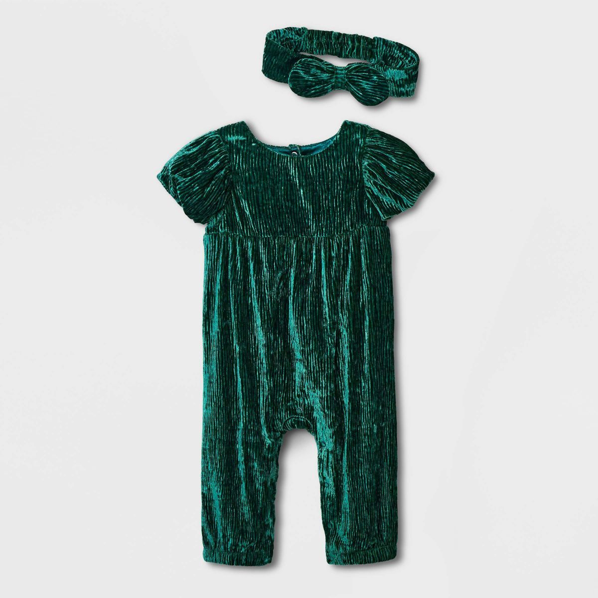 Baby Girls' Crinkle Crushed Velour Romper with Headband - Cat & Jack™ Green | Target